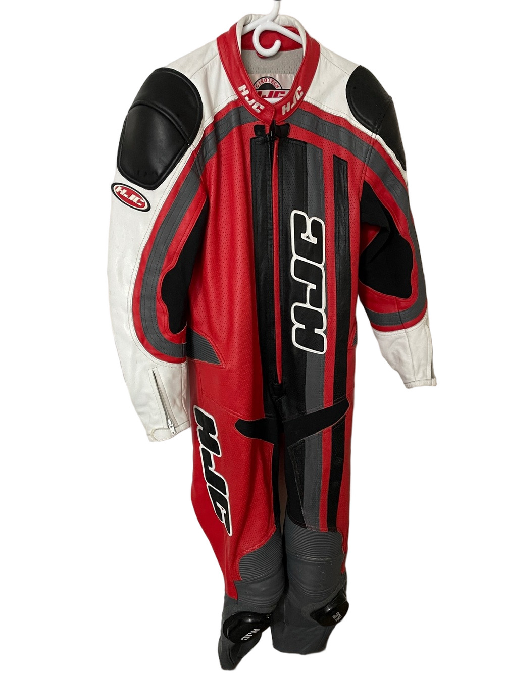 HJC Red/White/Black/Grey One Piece Leather Motorcycle Racing Suit Size 44